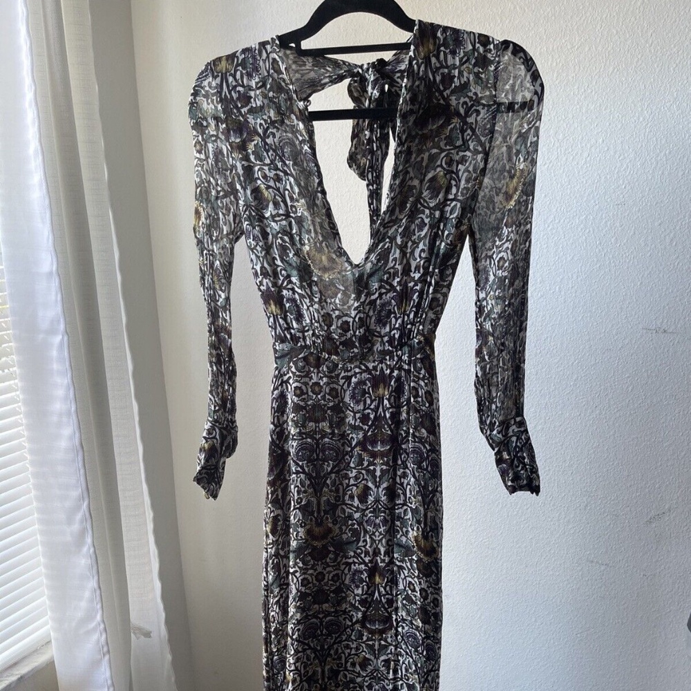 Zara Floral Brown Midi Chiffon Deep V Neck Long Sleeves Dress Size